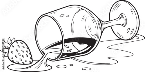 Wine spilled on the table with strawberry; accident, mess, spill, stain, glass, drink, fruit