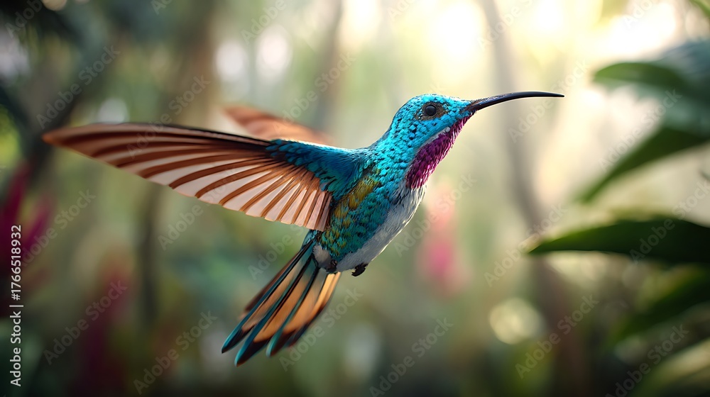 Fototapeta premium Beautiful jungle hummingbird with iridescent feather illustration images
