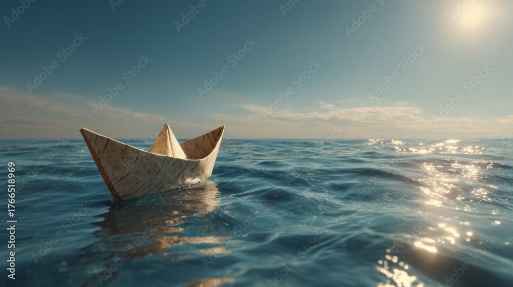 Obraz premium Paper Boat Sailing Alone on Calm Blue Water Under Bright Sunny Sky in Serene Landscape Concept of Life and Journey