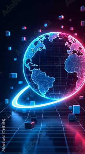 A futuristic digital globe bathed in neon blue and red light, encircled by glowing rings against a dark backdropsymbolizing global connectivity and cybernetic technology.