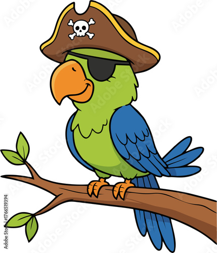 Pirate Parrot Cartoon Vector – Green and Blue Parrot with Pirate Hat and Eyepatch, Sitting on Branch Illustration