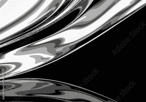 Abstract flowing liquid metal surface with dramatic reflections and highlights against a stark black background