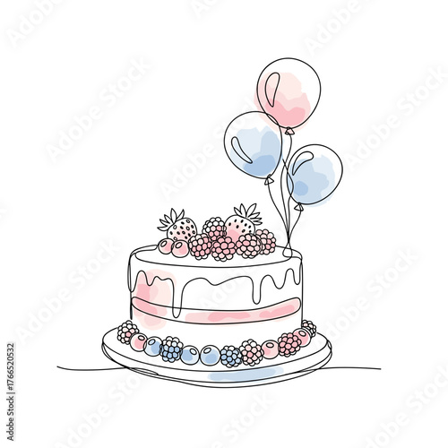 "Delicious berry cake and airy balloons, one line drawing, vector, with minimalist watercolor fill, illustration