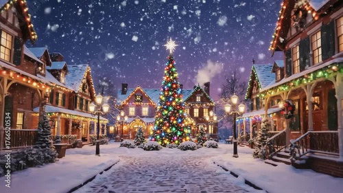 Cozy Christmas Town Scene with Snowfall - This video depicts a charming town square decorated for Christmas, with snow falling softly and houses adorned with colorful lights.