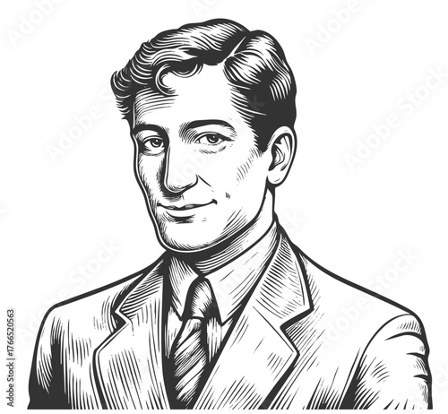 Businessman confident man in a suit sketch engraving generative ai fictional character vector illustration. Scratch board imitation. Black and white image.