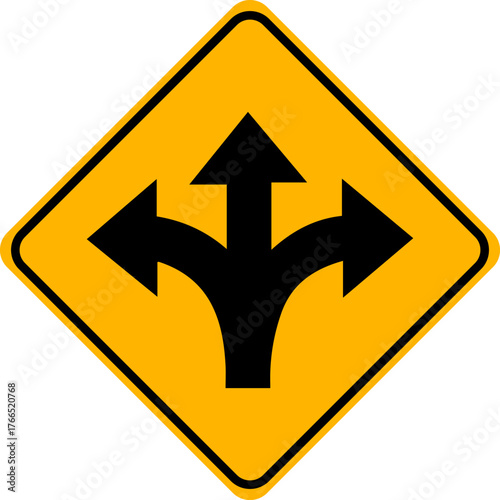 A sign warns that there is a three-way intersection ahead.