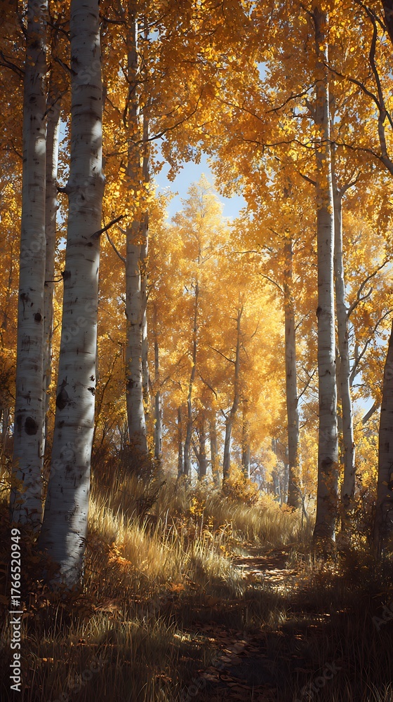 Fototapeta premium Sunlit aspen grove in fall landscape illustration images