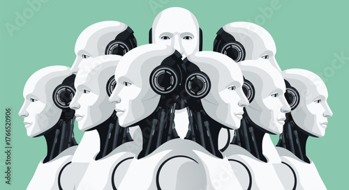 Vector illustration of a large group of identical humanoid robots representing the future of artificial intelligence and technology
