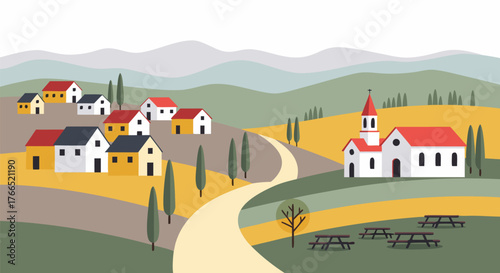Flat design vector illustration of an idyllic rural village. Picturesque countryside with quaint church, houses, rolling hills, and winding road