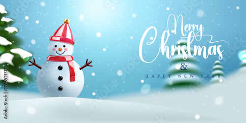 snow falling christmas seasonal winter outdoor background design with snowman. merry christmas and happy new year concept banner,greeting card vector illustration.