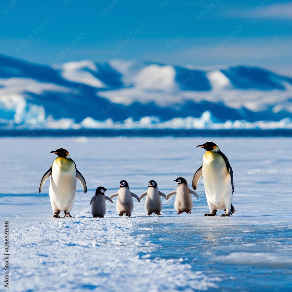 Obraz premium Penguins walking on ice antarctica wildlife photography winter wonderland low angle family bonding