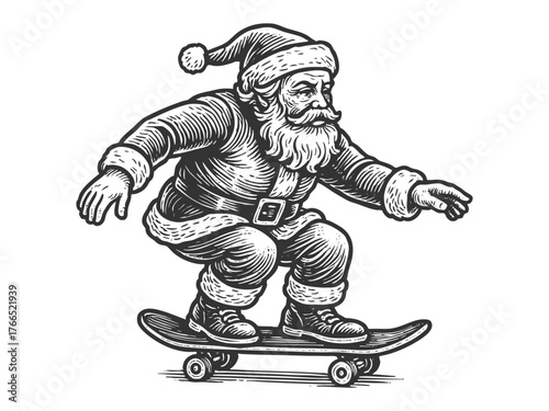 Santa Claus riding a skateboard, blending classic holiday imagery with urban street culture sketch engraving generative ai fictional character vector illustration. Scratch board. Black and white image