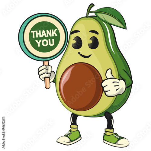 cute avocado mascot cartoon vector illustration carrying a sign saying thank you, healthy food concept, isolated funny fruit design for logo, kids, and nutrition themes, work of hand drawn