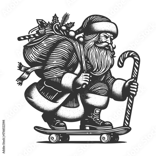 Santa Claus skateboarding with a sack of gifts and using a candy cane for balance sketch engraving generative ai fictional character vector illustration. Scratch board imitation. Black and white image