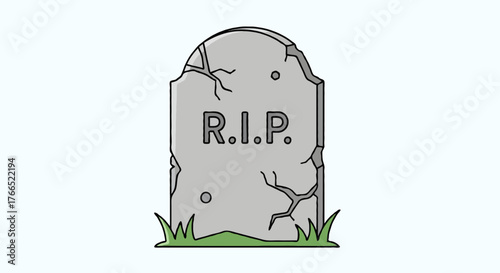 A simple illustration of a tombstone with the inscription 'R.I.P.' standing in grass.