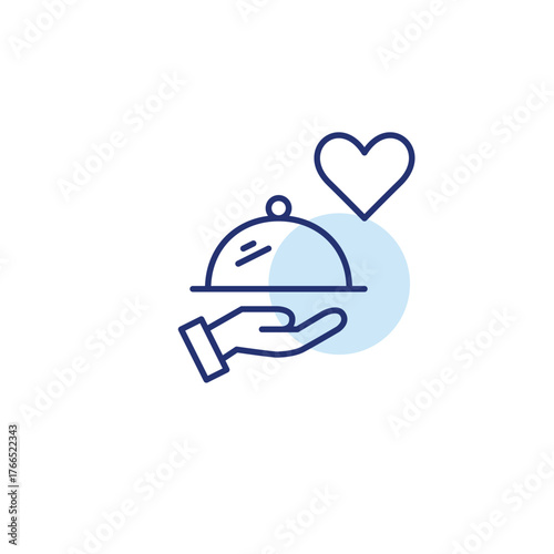 Food cloche in hand and heart. Restaurant service. Pixel perfect, editable stroke vector icon
