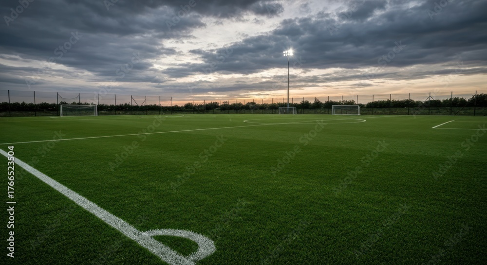 Fototapeta premium A well-maintained, empty soccer field under a dramatic, cloudy sky at dusk