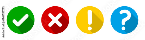 Checkmark, tick, cross, exclamation mark, and question mark icons set. Right, Wrong, Yes, No sign with shadows vector illustration.