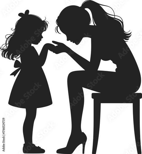 Silhouette illustration of mother teaching daughter, family communication, parenting guidance, child listening, parental care, childhood learning, mother daughter relationship, family bond