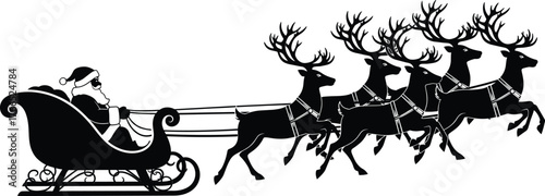 Silhouette of Santa Claus riding sleigh with six reindeer, Christmas holiday illustration, festive winter season, traditional holiday folklore design