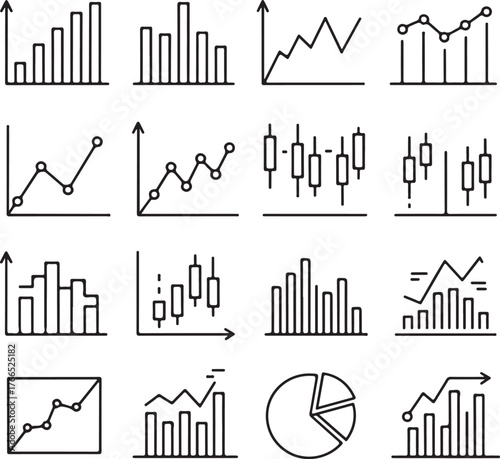 Collection of business charts and graphs in minimal line style