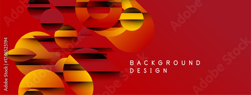 Abstract geometric shapes overlap, creating dynamic red, orange layers. Modern design suggests depth, movement, visual interest.