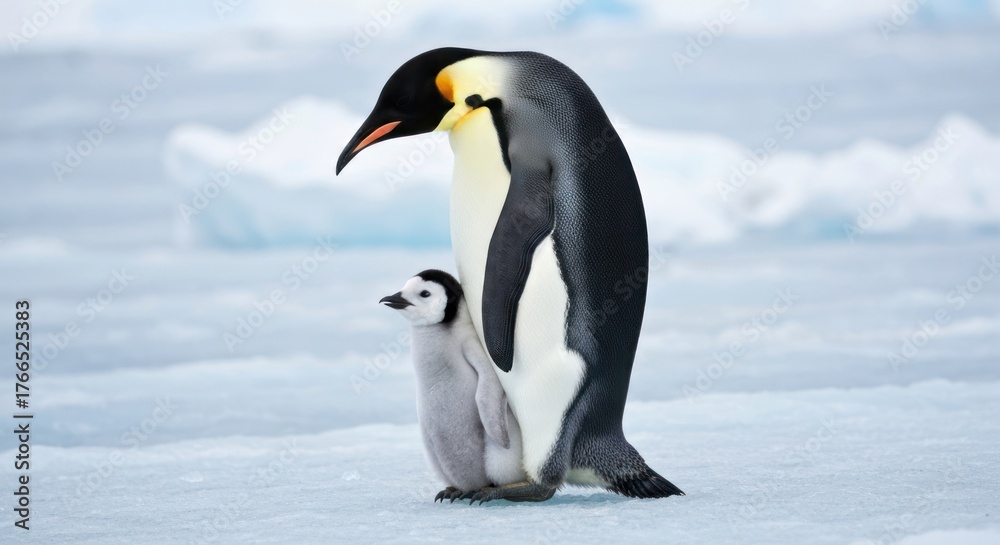 Obraz premium Adult emperor penguin stands with chick on icy surface, with icebergs in background
