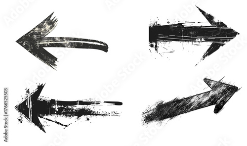 Grunge Arrow Icons Four Directional Symbols in Black Brushstroke Style for Navigation and Design