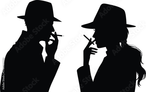Black and white silhouette illustration of two mysterious people wearing wide brim hats smoking cigarettes, noir vintage detective style artwork