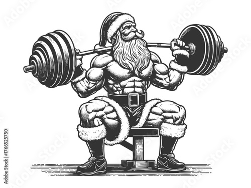 muscular Santa Claus performing a seated barbell shoulder press sketch engraving generative ai fictional character vector illustration. Scratch board imitation. Black and white image.