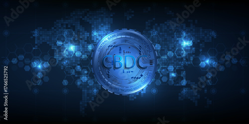 Foto Vector illustrations of abstract economic artwork and background with central bank digital currency CBDC coins and world map