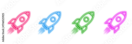 Neon glowing rocket vector icons set, space travel, startup launch, success, speed, innovation, futuristic digital design, vibrant colors on transparent background