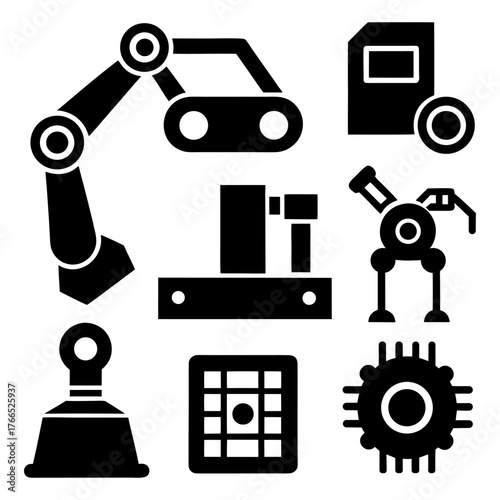 AI Robotics and IoT Icons – Robot Arm, Sensor and Production Symbols.