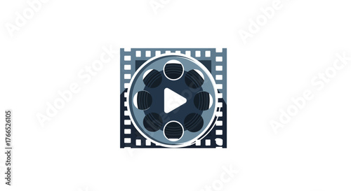 Movie Film Reel with Play Button Icon on White Background.