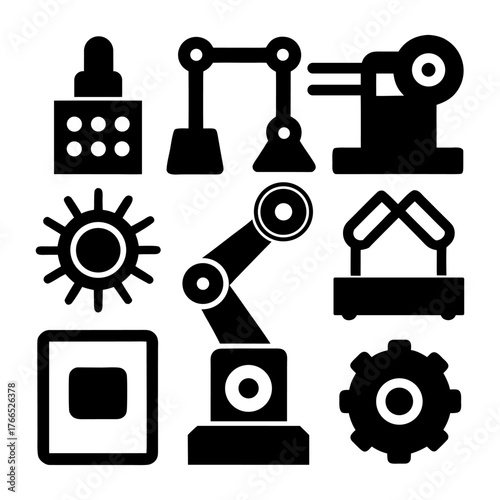 Industrial Automation Icons – Robot Arm, Microchip, Sensor, Conveyor.