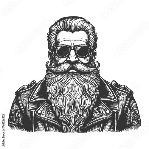 tough-looking man with a full beard, sunglasses, and studded leather jacket sketch engraving generative ai fictional character vector illustration. Scratch board imitation. Black and white image.