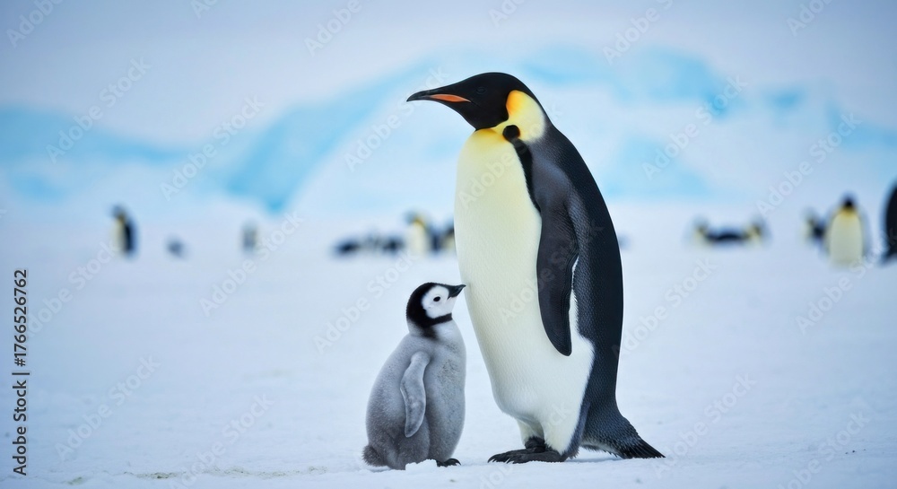 Fototapeta premium An Emperor Penguin with a chick stands on snow, other penguins in the snowy distance