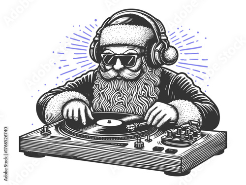 Santa Claus as a DJ mixing vinyl at a festive holiday party sketch engraving generative ai fictional character vector illustration. Scratch board imitation. Black and white image.