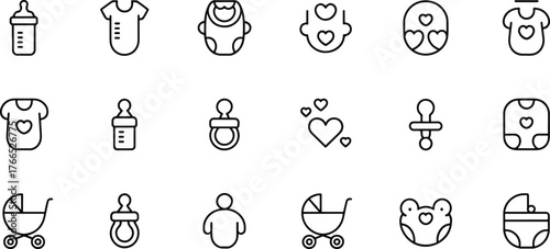 Baby essentials vector icon set featuring bottles clothing pacifiers and carriage symbols for newborn childcare