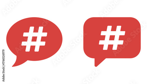 Two red speech bubbles with white hashtag symbols inside social media communication