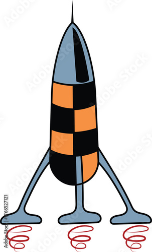 Retro rocket ship launching with orange and black chequered body and three landing legs