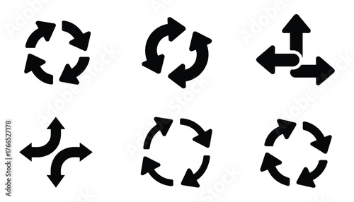 Collection of six black arrow icons on a white background symbol direction