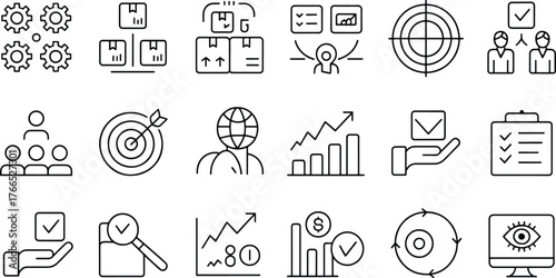 Business Strategy and Planning Outline Icons Depicting Success and Growth for Online Marketing and Financial Development