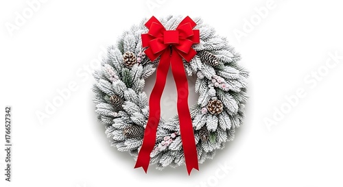 Festive white christmas wreath adorned with a bright red bow and ribbons