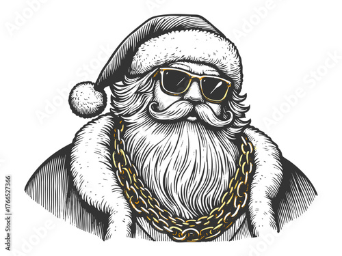 Santa Claus wearing sunglasses and a gold chain sketch engraving generative ai fictional character vector illustration. Scratch board imitation. Black and white image.