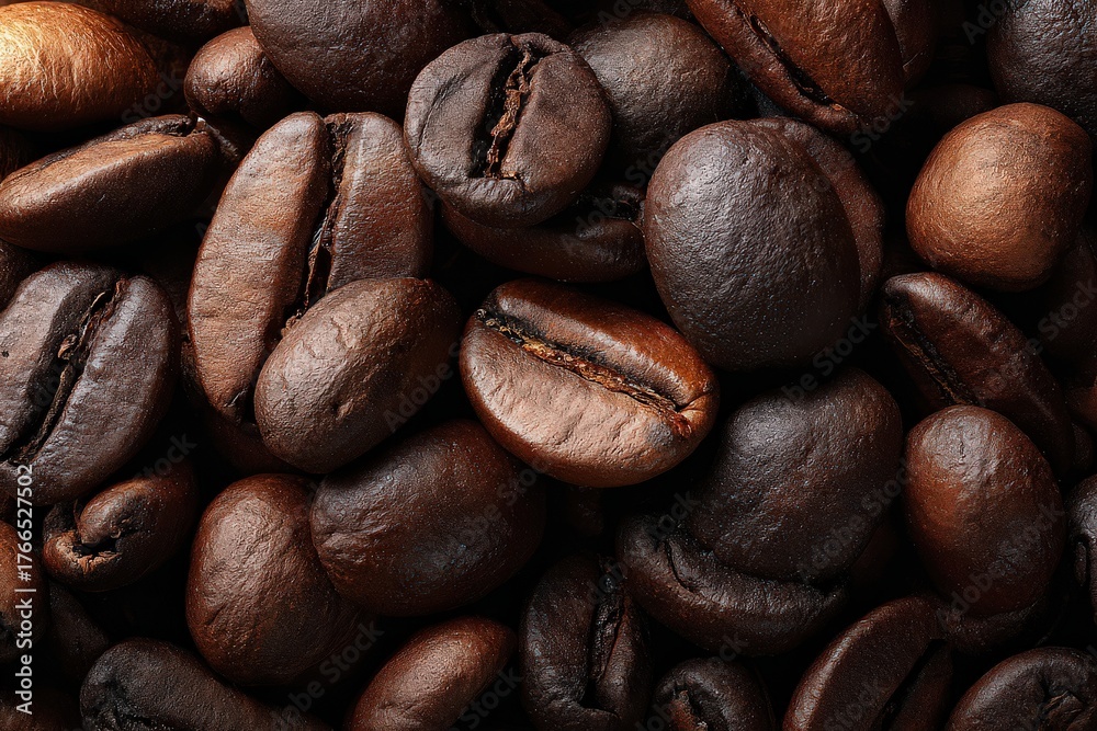 Fototapeta premium Close Up Shot of Roasted Coffee Beans Texture with Light Brown Tones and Glitter