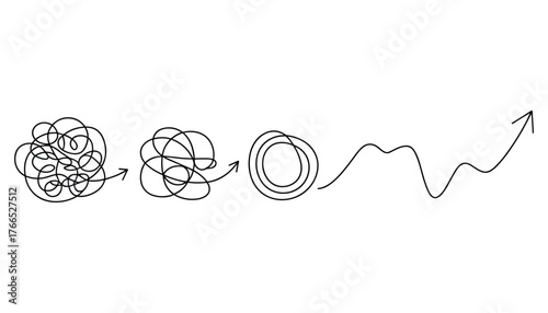 Tangled line simplifying to upward trending arrow on white background messy simple