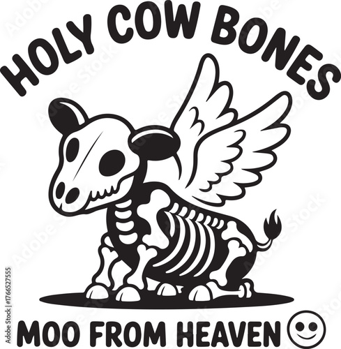 Black and white vector illustration of a winged cow with text cow skeleton