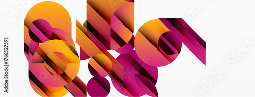 Abstract composition featuring overlapping colorful shapes. Gradient hues transition from orange to magenta. Minimalist design, modern aesthetic.