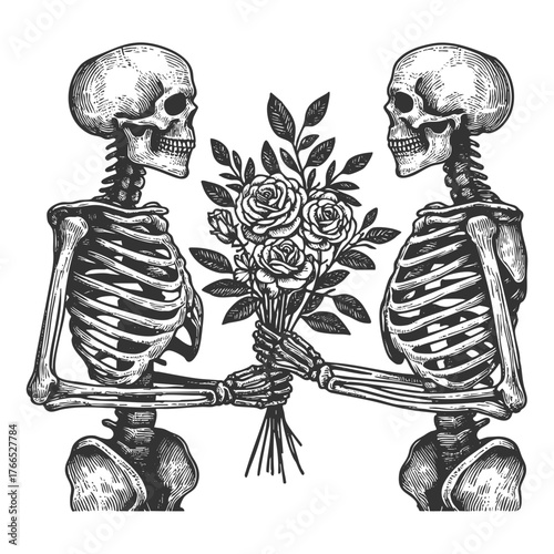 two skeletons facing each other, holding a bouquet of roses, symbolizing eternal love or gothic romance sketch engraving generative ai vector illustration. Scratch board imitation. Black and white.